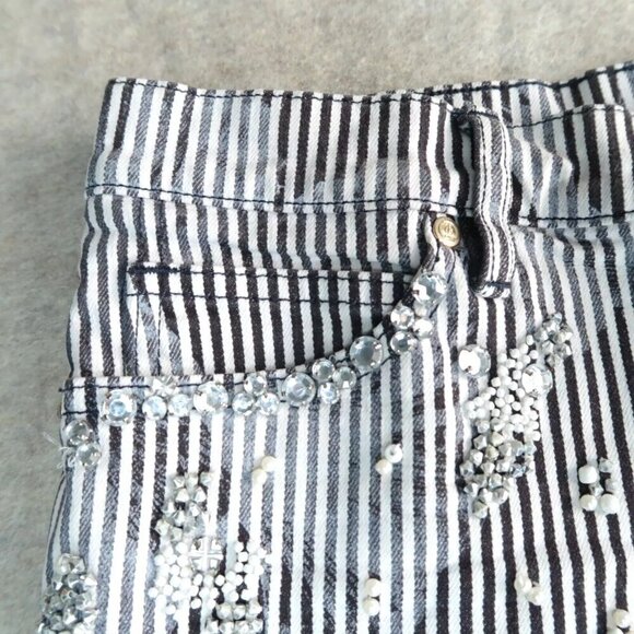 Juicy Couture Denim Jean Shorts Frayed Embellished Black White Stripes Size 28 - Picture 3 of 7